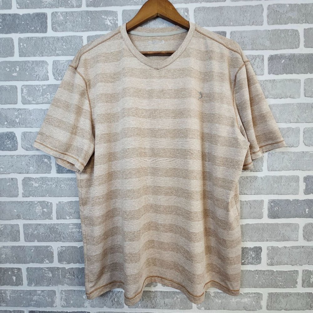Reel Legends Shirt Men's XL Beige Striped Crewneck Short Sleeve Fishing Outdoors